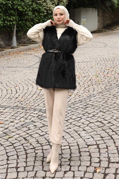 Kemerli Kürklü Yelek Siyah 19372