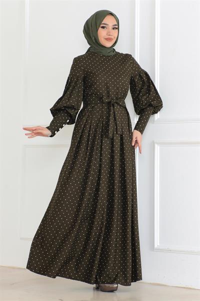 Kemerli Puantiyeli Elbise Haki 6120