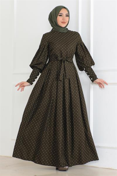 Kemerli Puantiyeli Elbise Haki 6120
