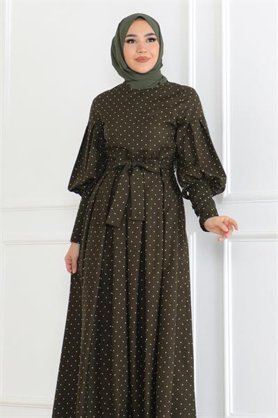 Kemerli Puantiyeli Elbise Haki 6120