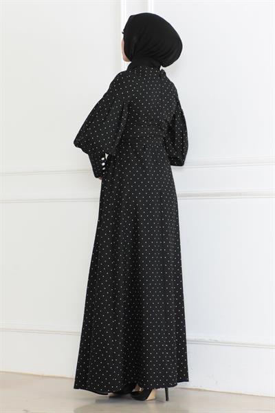 Kemerli Puantiyeli Elbise Siyah 6120