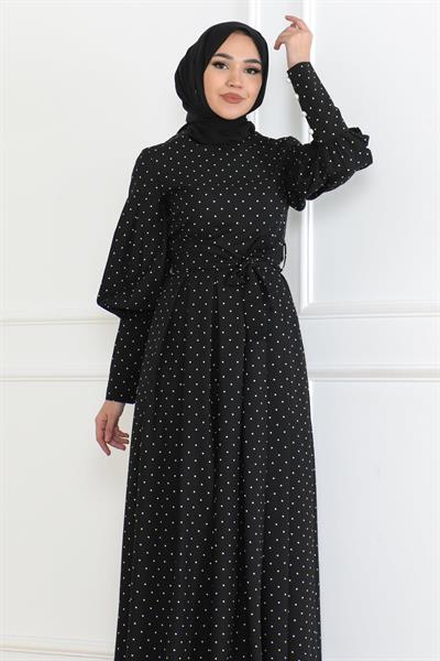 Kemerli Puantiyeli Elbise Siyah 6120