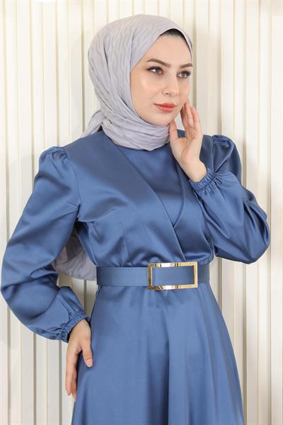 Kemerli Saten Abiye Mavi 19191