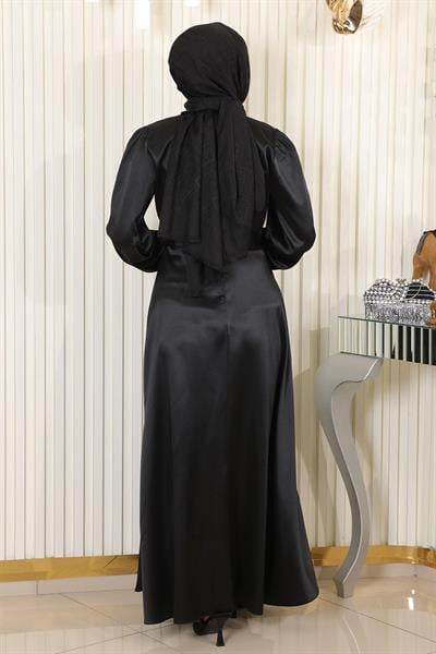 Kemerli Saten Abiye Siyah 19191