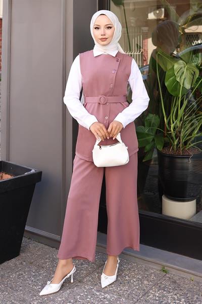 Kemerli Yelek Pantolon Takım Gül Kurusu 19250