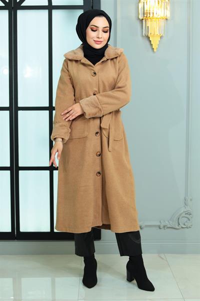 Kürk Detaylı Kaşe Kaban Vizon 19175