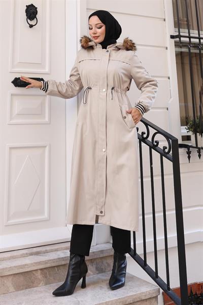 Kürk Yakalı Beli Bağcıklı Mont Bej 19269