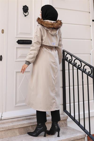 Kürk Yakalı Beli Bağcıklı Mont Bej 19269