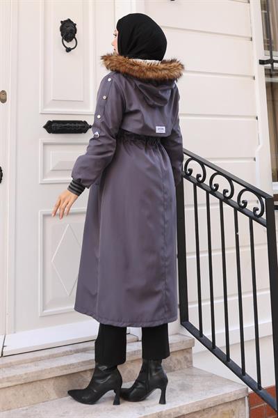 Kürk Yakalı Beli Bağcıklı Mont Gri 19269