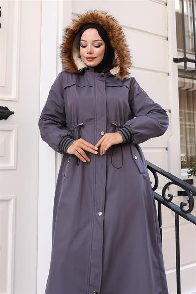 Kürk Yakalı Beli Bağcıklı Mont Gri 19269