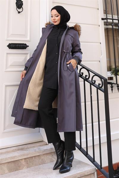 Kürk Yakalı Beli Bağcıklı Mont Gri 19269