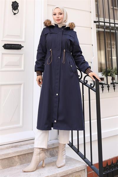 Kürk Yakalı Beli Bağcıklı Mont Lacivert 19269