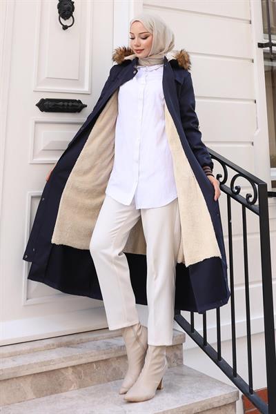 Kürk Yakalı Beli Bağcıklı Mont Lacivert 19269