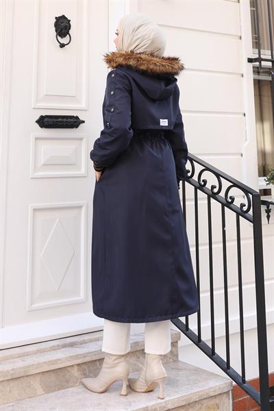 Kürk Yakalı Beli Bağcıklı Mont Lacivert 19269