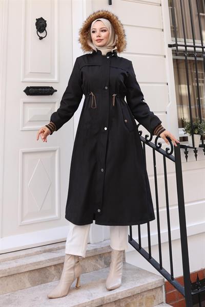 Kürk Yakalı Beli Bağcıklı Mont Siyah 19269