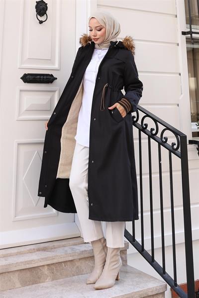 Kürk Yakalı Beli Bağcıklı Mont Siyah 19269