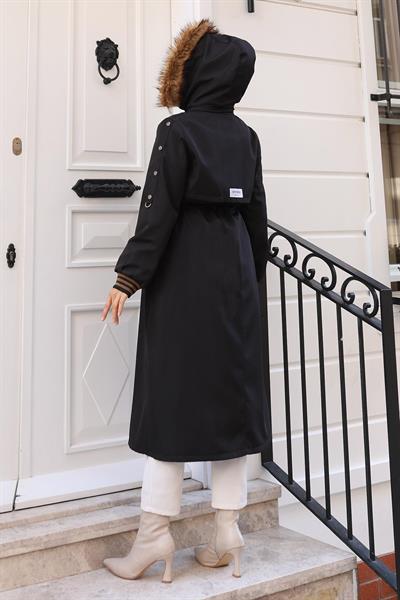 Kürk Yakalı Beli Bağcıklı Mont Siyah 19269