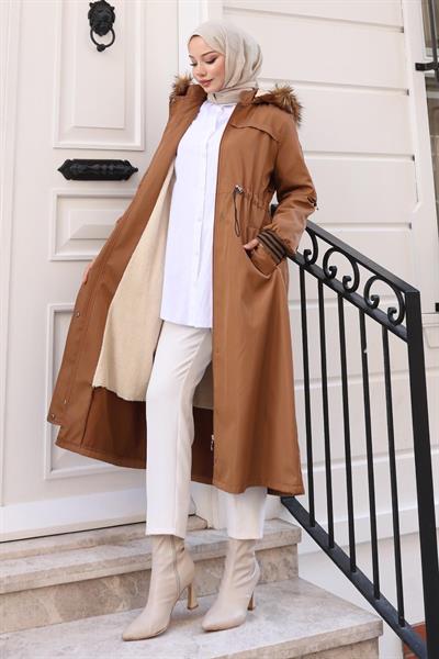 Kürk Yakalı Beli Bağcıklı Mont Taba 19269