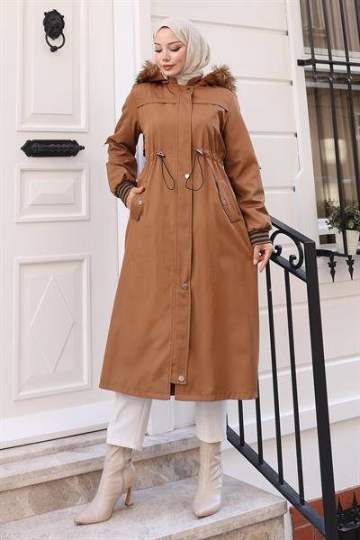 Kürk Yakalı Beli Bağcıklı Mont Taba 19269