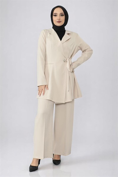Kuşak Detaylı Takım Bej 19106
