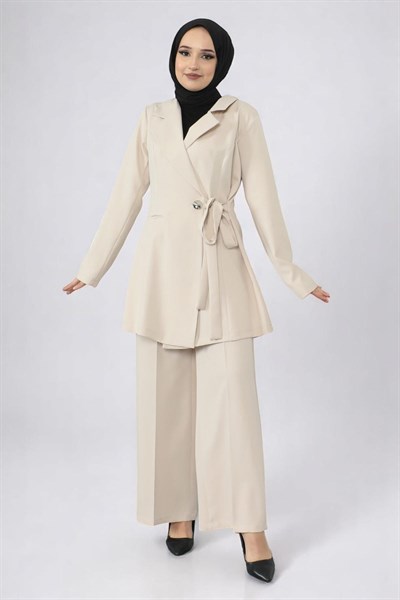Kuşak Detaylı Takım Bej 19106