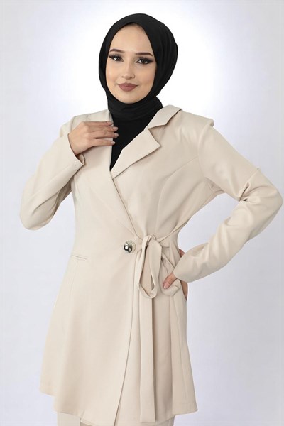 Kuşak Detaylı Takım Bej 19106