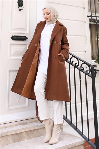 Kuşaklı Kaşe Kaban Kahverengi 19271