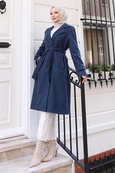 Kuşaklı Kaşe Kaban Lacivert 19271