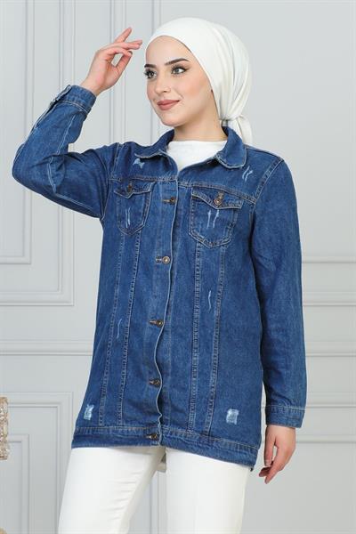 Lazer Detaylı Kot Ceket Mavi 6097