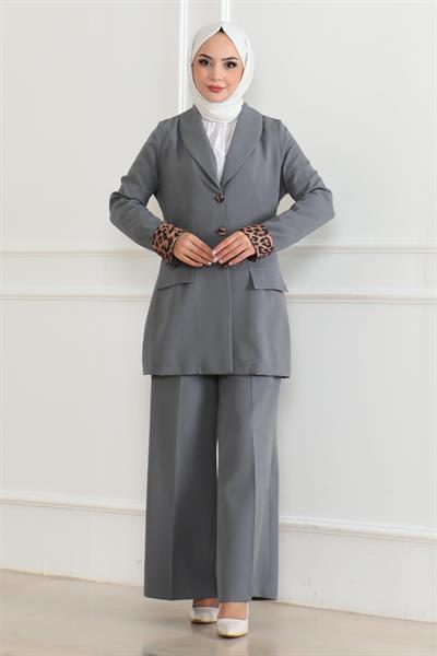 Leopar Desenli Takım Gri 19218