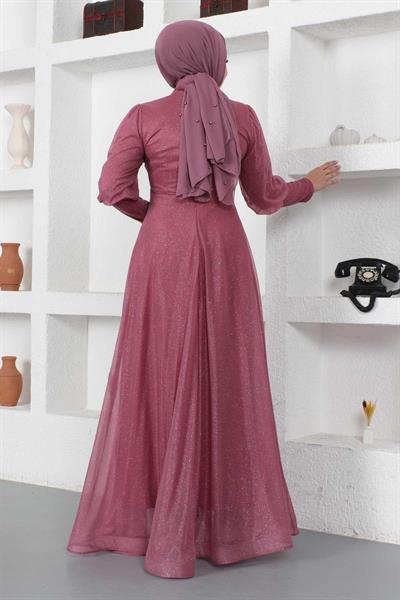 Manşeti Fermuar Detaylı Simli Abiye Gül Kurusu 12253