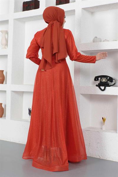 Manşeti Fermuar Detaylı Simli Abiye Kiremit 12253