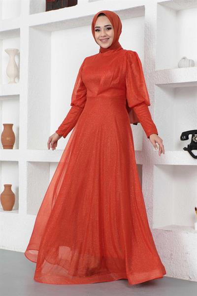 Manşeti Fermuar Detaylı Simli Abiye Kiremit 12253