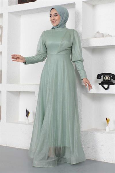 Manşeti Fermuar Detaylı Simli Abiye Mint 12253