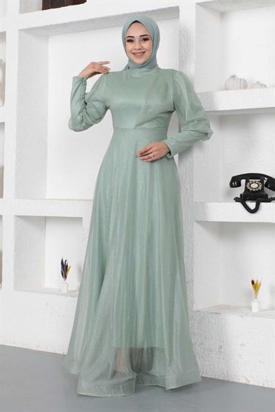 Manşeti Fermuar Detaylı Simli Abiye Mint 12253