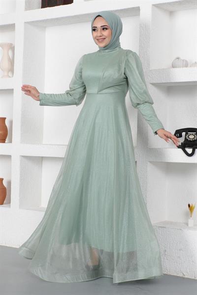 Manşeti Fermuar Detaylı Simli Abiye Mint 12253