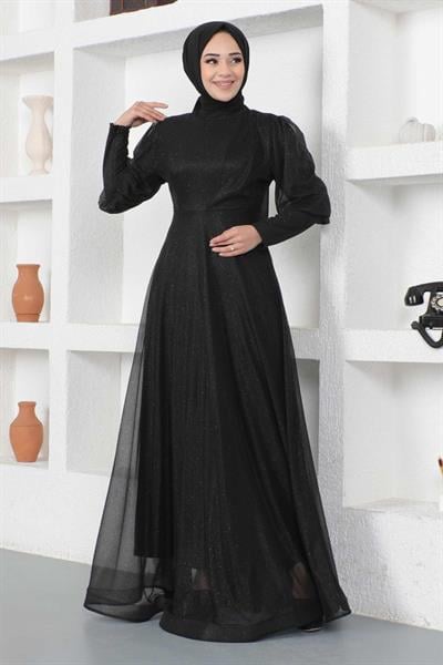Manşeti Fermuar Detaylı Simli Abiye Siyah 12253