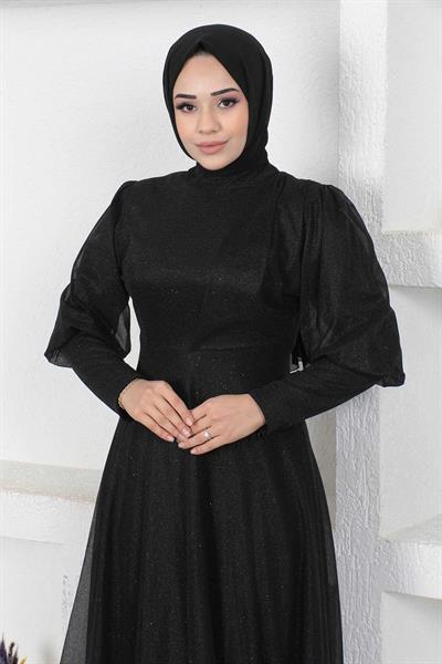 Manşeti Fermuar Detaylı Simli Abiye Siyah 12253