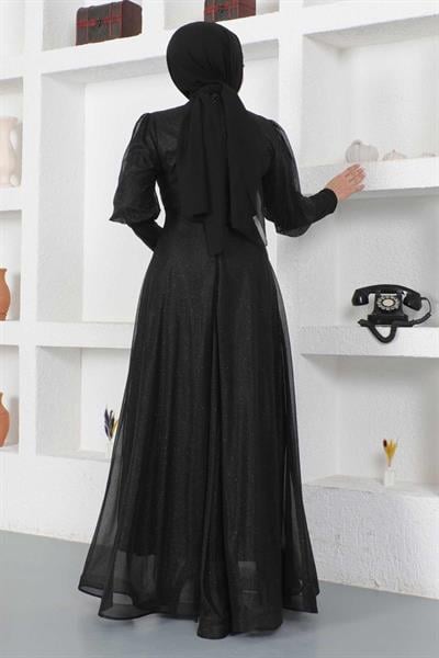 Manşeti Fermuar Detaylı Simli Abiye Siyah 12253