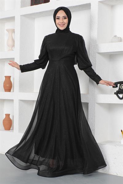Manşeti Fermuar Detaylı Simli Abiye Siyah 12253