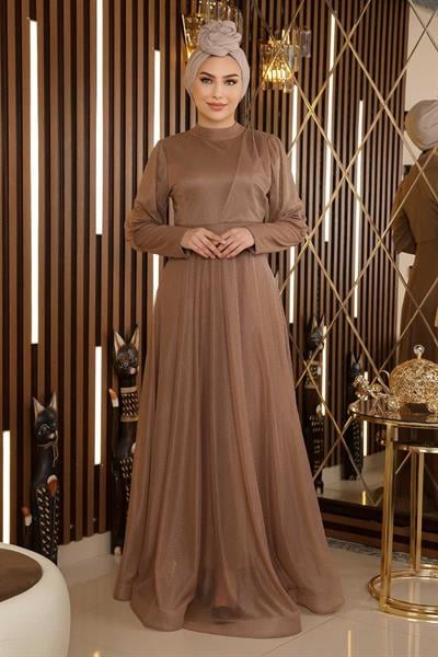 Manşeti Fermuar Detaylı Simli Abiye Vizon 12253