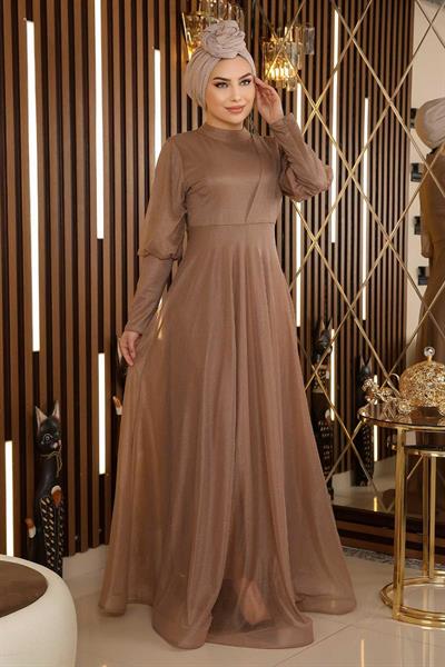 Manşeti Fermuar Detaylı Simli Abiye Vizon 12253