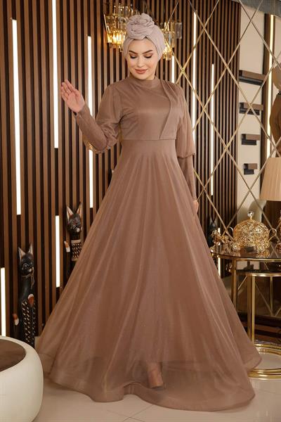 Manşeti Fermuar Detaylı Simli Abiye Vizon 12253