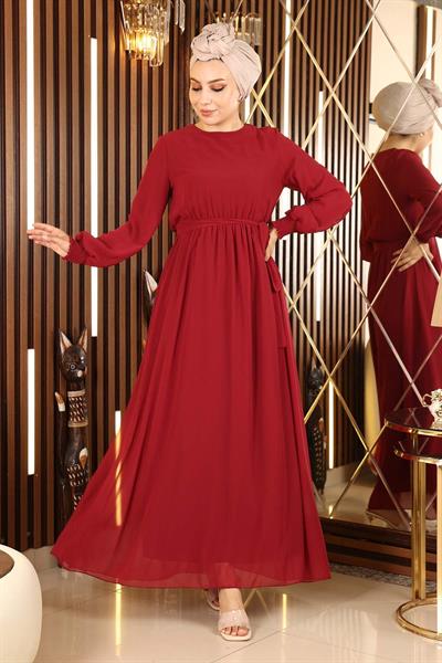 Manşeti Lastikli Şifon Abiye Bordo 12003