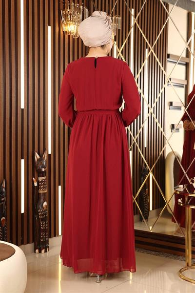 Manşeti Lastikli Şifon Abiye Bordo 12003