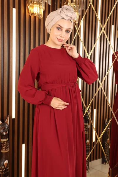 Manşeti Lastikli Şifon Abiye Bordo 12003