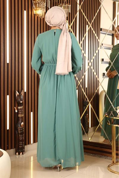 Manşeti Lastikli Şifon Abiye Mint 12003