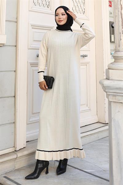 Manşeti Taş Detaylı Triko Elbise Beyaz 6150