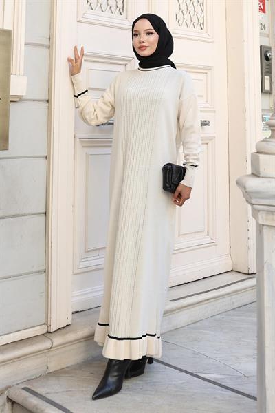 Manşeti Taş Detaylı Triko Elbise Beyaz 6150