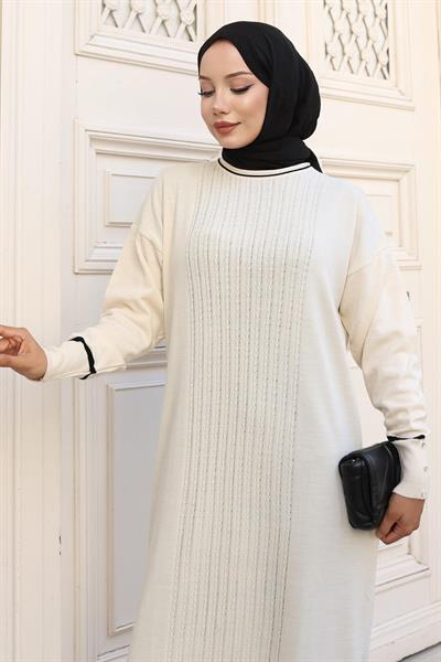 Manşeti Taş Detaylı Triko Elbise Beyaz 6150